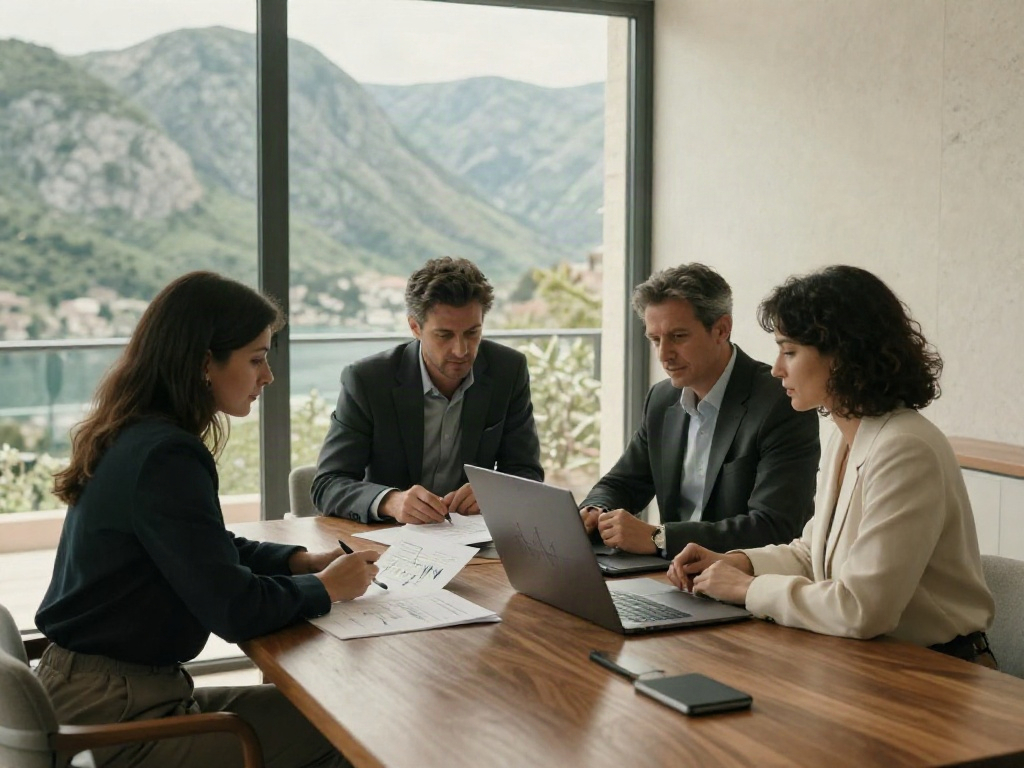 Consultants reviewing business analytics together in a considered, light-filled meeting room